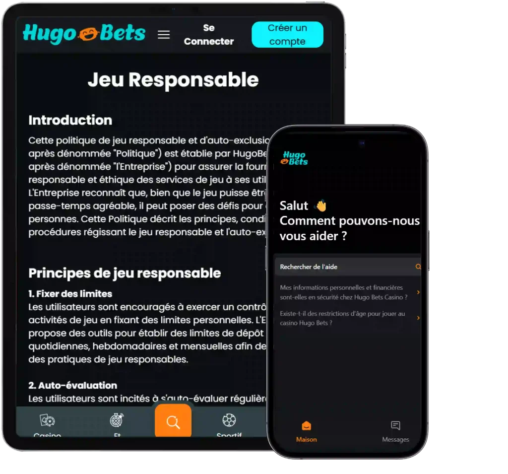 HugoBets Casino version mobile affichant le jeu responsable et la navigation