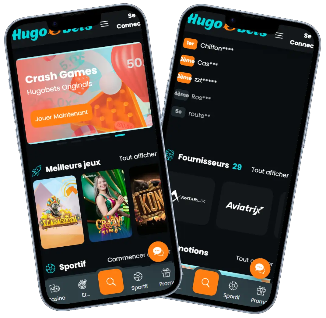 HugoBets Casino version mobile avec lobby de jeux, fournisseurs et promotions